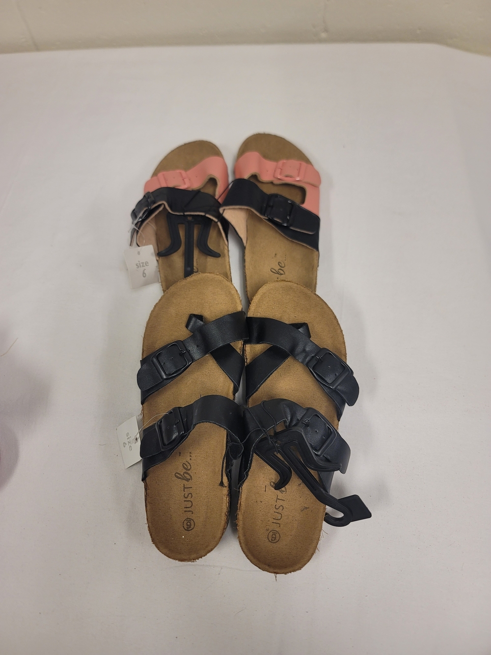 just be Women’s Two-Tone Black and Coral Buckle Slide Sandals